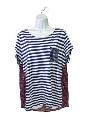 Hannah Navy & White Striped Short Sleeve Top with Polka Dot Pocket size XL